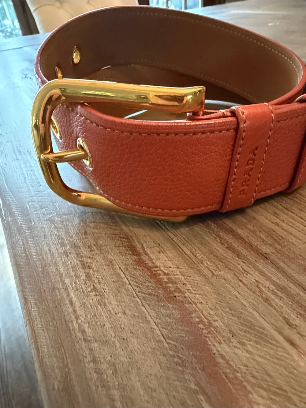Prada Orange Leather Belt with Gold Hardware